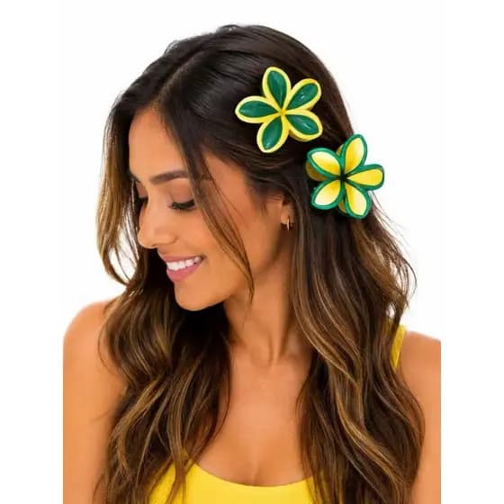 Kit 12 Presilha de Cabelo Flor com Garra Copa do Mundo Verde e Amarela
