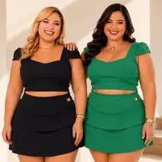Conjunto Feminino Plus Size Verão Cropped com Manga Princesa e Short Saia Tam Único 46 ao 50