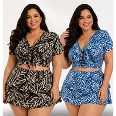 Conjunto Plus Size Short Saia com Cropped Estampado Tam único 46 ao 50