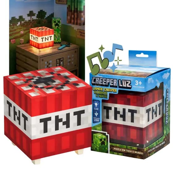 Luminária Minecraft TNT Recarregável Vermelha Moderna USB 11cm com Som Quarto Gamer Vazzo