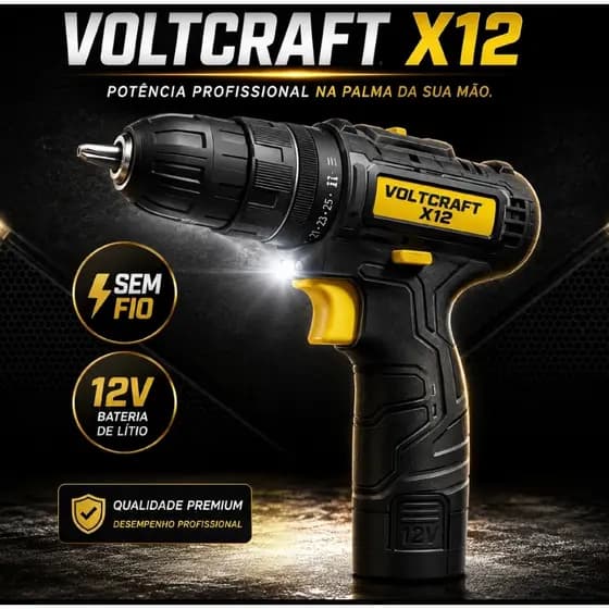 Furadeira Parafusadeira 12V Sem Fio VoltCraft X12 com LED e Bateria Recarregável.