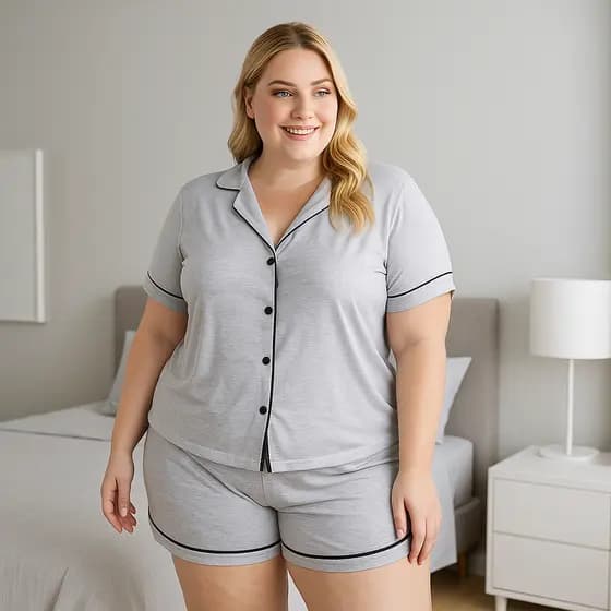 Pijama Americano Plus Size Blusa com Botões que Abrem e Short Brenda 50 52 54 56