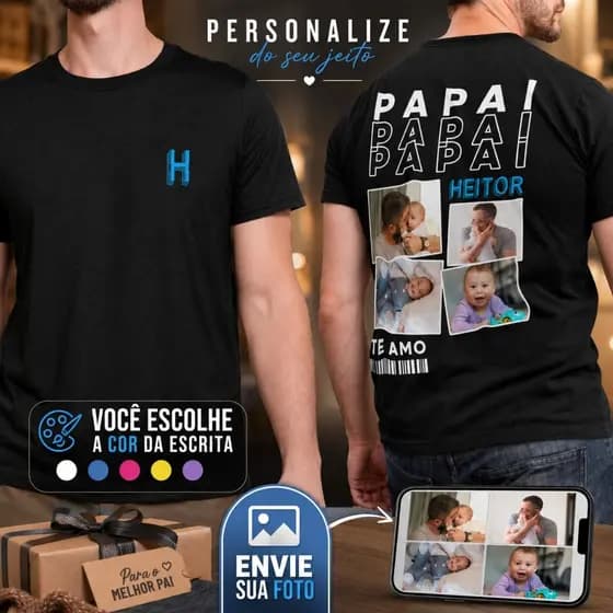 Camiseta Masculina Dia dos Pais Personalizada com Fotos e Nome Presente para o Papai
