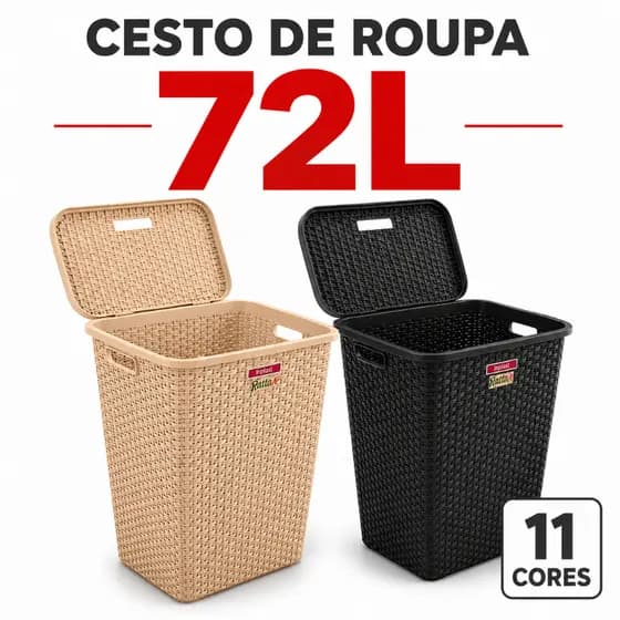 Cesto Roupa Suja 72L Rattan Grande com Tampa Organizador Lavanderia Banheiro Quarto Plástico Resistente