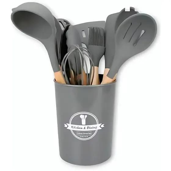 CINZA - Conjunto de Utensílios de Cozinha 12Pçs - Silicone e Cabo de Madeira