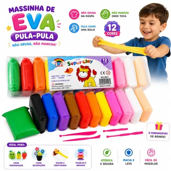 Com 6/12/24/36 Massinha Argila EVA Pula Pula Infantil Atóxicas + 3 Acessórios Brinde Não Gruda