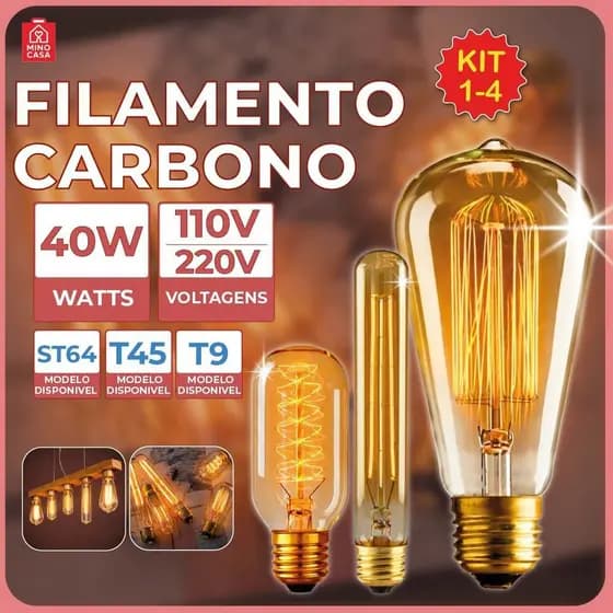 Lâmpada Filamento Carbono ST64 T45 T9 40W Luz Quente Âmbar E27 110V ou 220V