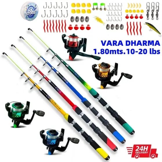 Kit Vara De Pesca 60-120lbs Completa Com Molinete Esportiva Ao Ar Livre + Acessórios Iscas, Anzóis, Chumbadas