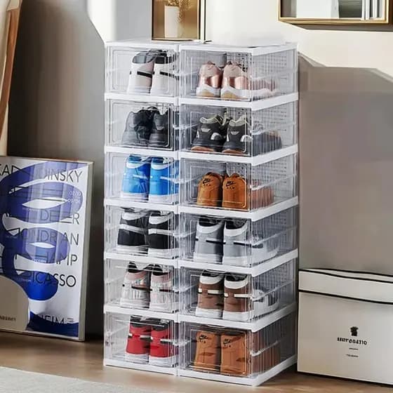 Caixa De Sapato Dobrável Armazenamento Transparentes Sapateira Empilhável Prova De Poeira Dormitório ArmáriO