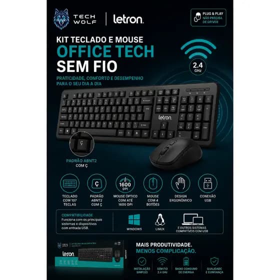 Kit Teclado E Mouse Office Tech Sem Fio Óptico Preto Letron