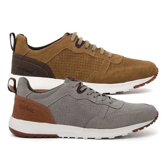 Combo 2 Tenis Quebec Madri em Couro - Cinza e Caramelo