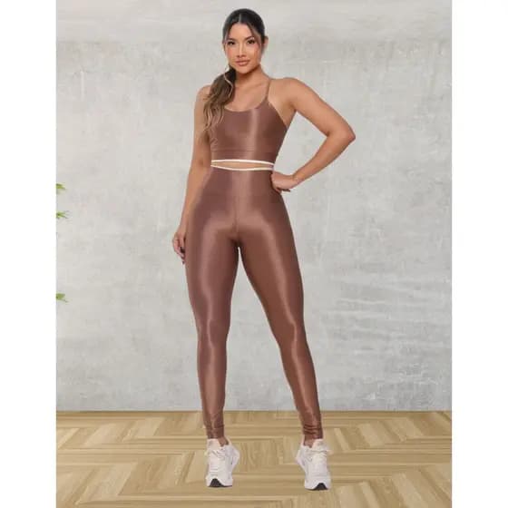 Conjunto Feminino Academia Canelado Fitness Poliamida Calça Legging e Top