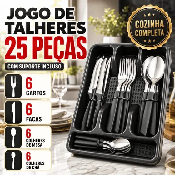 Jogo de Talheres 25 Peças Inox Preto com Porta Talheres Original Line