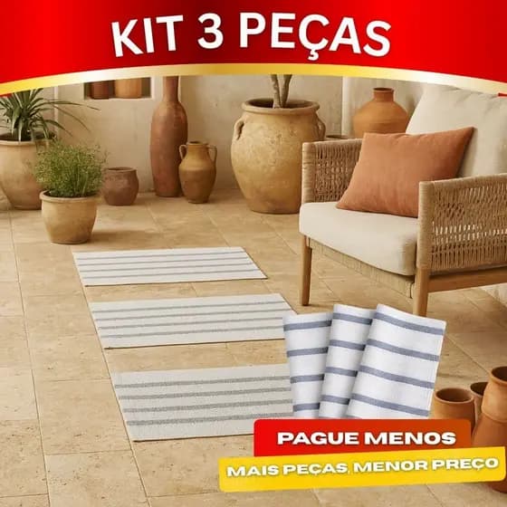 Kit 3 Tapetes Capacho Listrados Para Cozinha Corredor e Quarto Tons Neutros Estilo Clean