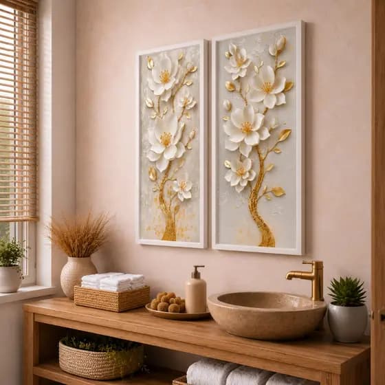 Kit 2 Quadros Decorativos Florais Branco e Dourado Decoração Moderna Luxuosa