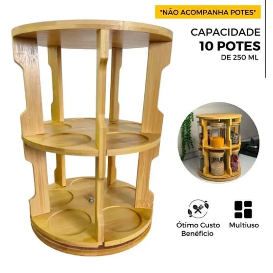 Suporte Porta Temperos P/ Condimento Giratório Bambu Organizador Suporta 10 Posições de Cozinha Copa