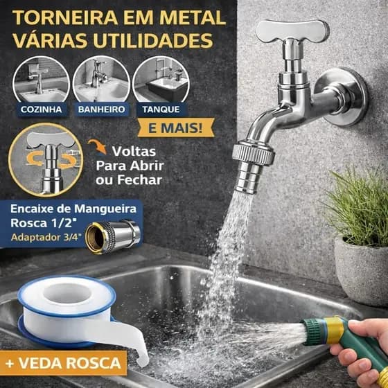 Torneira de Tanque Pia Garagem Jardim Externa Jato Parede 1/2" Adaptador para 3/4 de Pol Veda Rosca