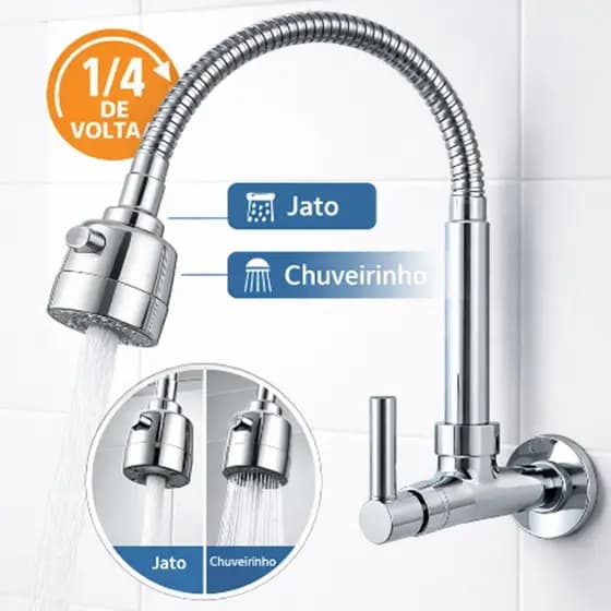 Torneira Flexivel Gourmet Pia 1/4 de Volta 360° Jato Chuveirinho Palito Bancada Cozinha Parede 1/2"