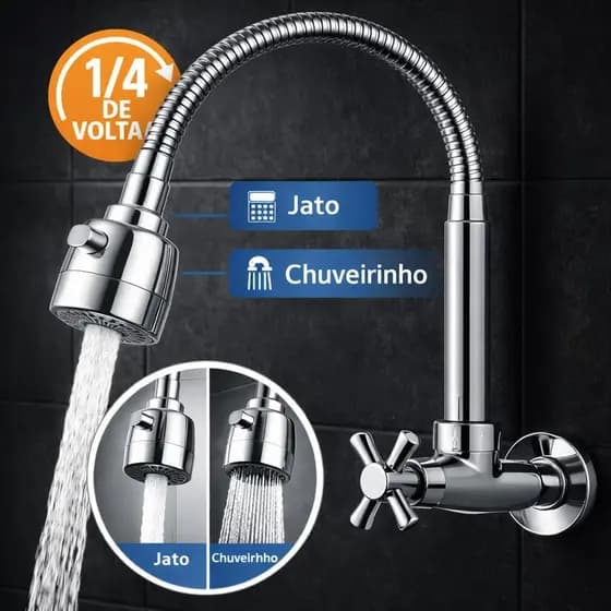 Torneira Para Pia de Cozinha Flexivel 1/4 de Volta 360° Jato Chuveirinho Cruzeta Bancada Parede 1/2"