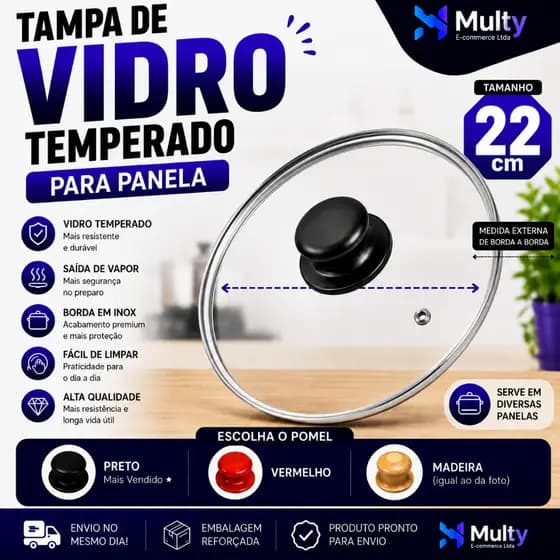 Tampa de vidro temperado 22cm, com saída de vapor e borda em aço inox