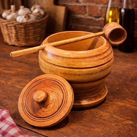 Farinheira madeira rústica artesanal maciça com tampa e concha especial farinha