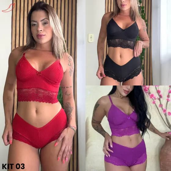 Kit 3 Top Doll Cropped Rendado Sensual Baby Doll Shortinho Calesson