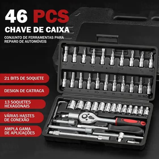 Kit De Ferramentas 46 Peças Jogo De Soquetes Chave Catraca Reversível Com Maleta Jogo Completo