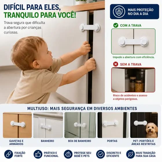 Kit 8 Travas De Segurança Infantil Para Armário Gaveta Porta Com Proteção Bebê Armário Gaveta Utilizada Fita alta fixaça