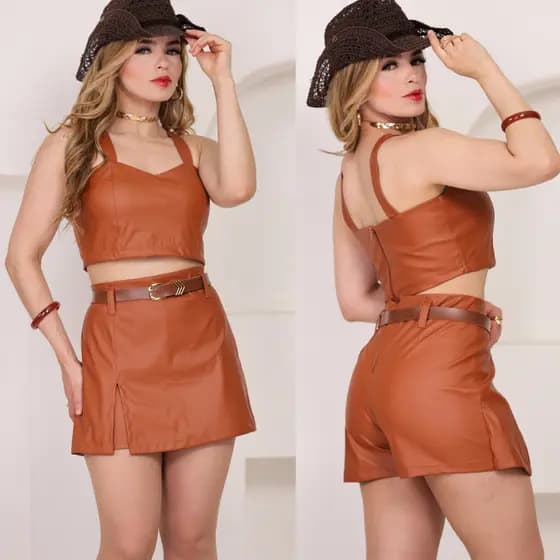 CONJUNTO COURO FMININO CROPPET + SHORT SAIA TENDENCIA 2026 SUPER FASHIONS