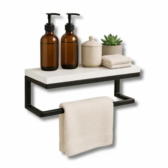 Prateleira de Parede p/ Banheiro com Suporte – Design Moderno | Aço + MDF | Até 15kg