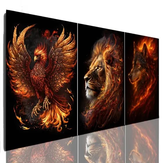 Quadro Decorativo Mosaico Fenix Leao e Lobo Fogo Sala Grande Envio Rapido