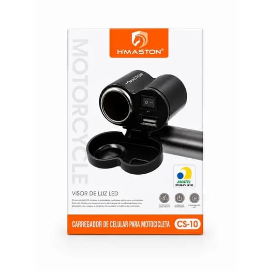 Carregador USB para Motocicleta H'Maston CS-10 2 em 1 com Tomada 12V, Entrada USB, Chave Liga/Desliga e Tampa Protetora