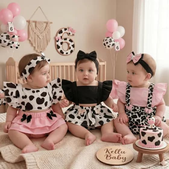 Romper jardineira mesversario menina vaquinha body temático bebê safari