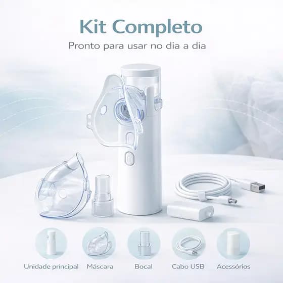 Nebulizador Mesh Inalador Ultra-sônico Automático Silencioso USB com Máscaras Adulto e Infantil