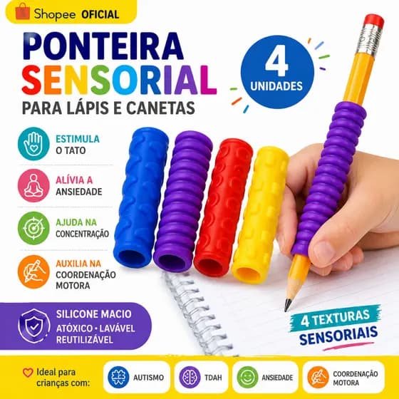 KIT 4 Ponteira Sensorial Infantil para Lápis