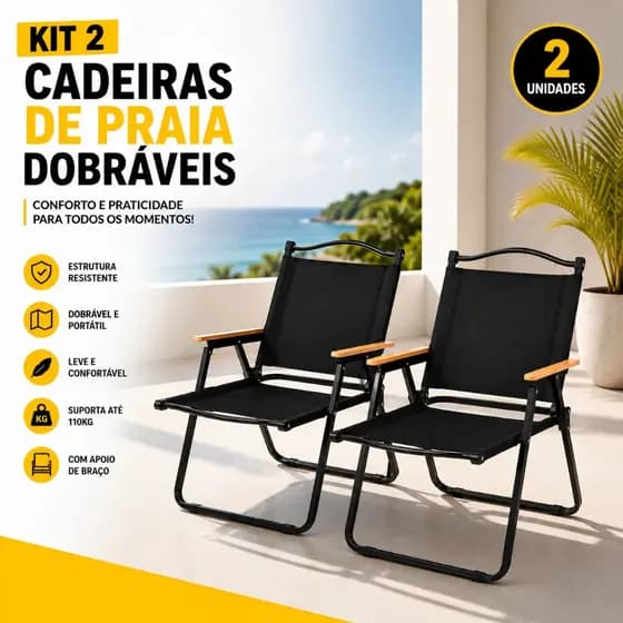 Kit 2 Cadeira Praia Aço Reforçado Dobrável Piscina Camping