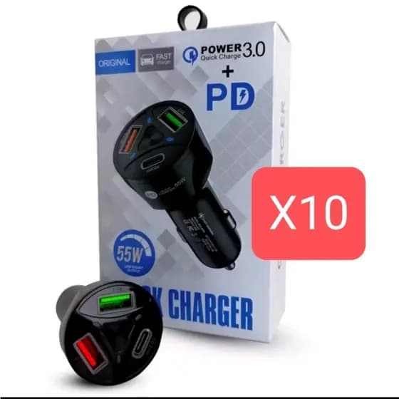 kit 10 Carregador Turbo 55w (USB + Tipo C) QC 3.0 PD Rápido SortidoVeicular Compativel