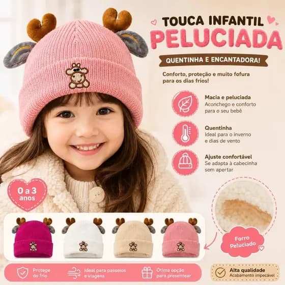 *TOUCA INFANTIL PELUCIADA RENA TEDDY – QUENTINHA, FOFINHA E SUPER CONFORTÁVEL!* 🧸❄️