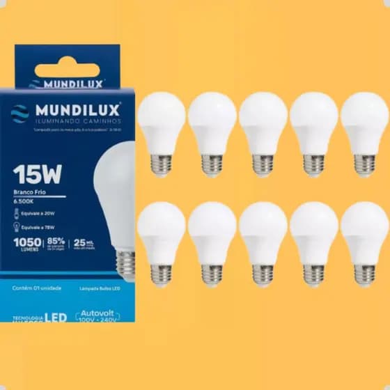Kit 10 Lâmpadas Led Bulbo 15w Branco Frio 6500k E27 Mundilux Bivolt