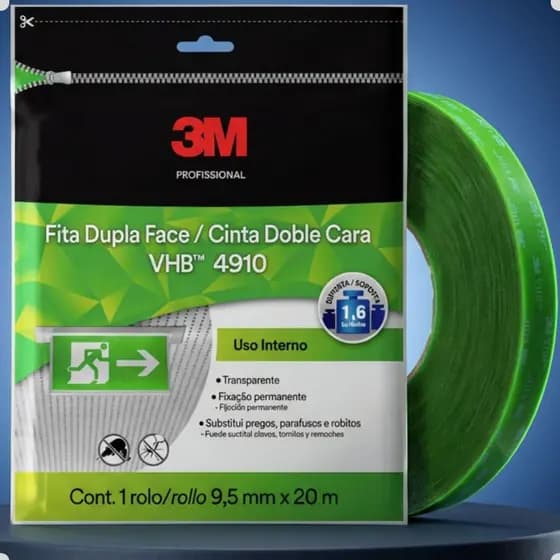 Fita Dupla Face 3M VHB 4910 Transparente 9,5mm x 20m Original Fixação Extra Forte Profissional
