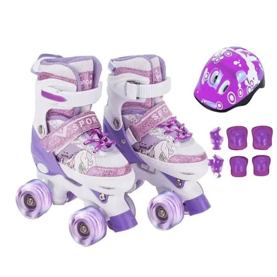 Patins Infantil 4 Roxo UNICORNIO Rodas Led + Proteção Ajustável Menina Patins Quad Promoção