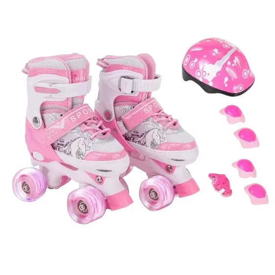 Patins Infantil 4 RoSa UNICORNIO Rodas Led + Proteção Ajustável Menina Patins Quad Promoção