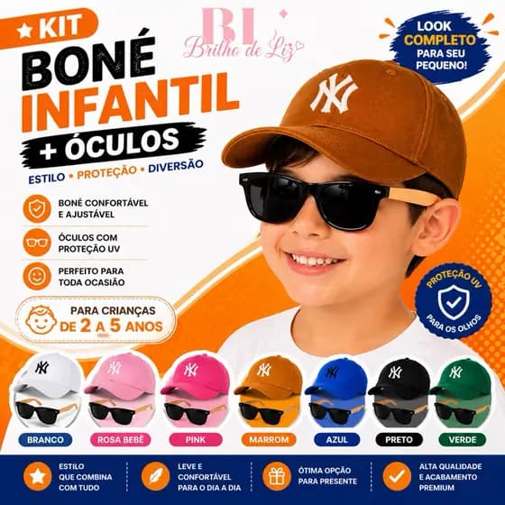 Kit Boné Infantil Aba Curva NY e Óculos de Sol Quadradinho