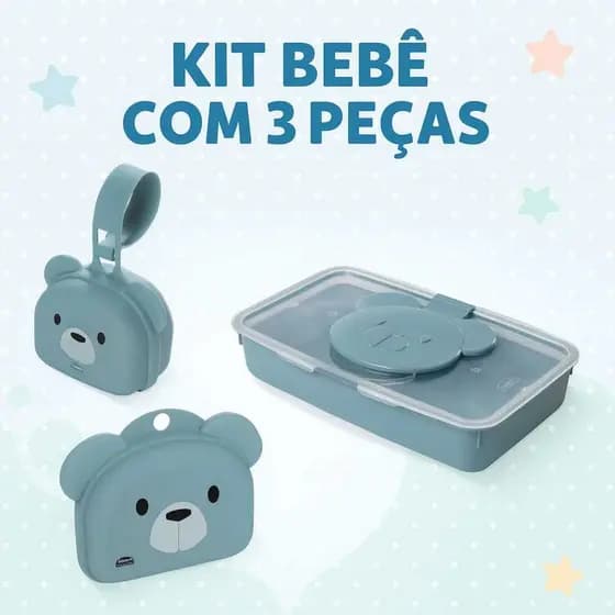 kit 3 Em 1 Porta Toalhas Umedecidas + Protetor De Chupeta e Bico Com Alça + Porta Sabonete Bebê Criança Plasutil