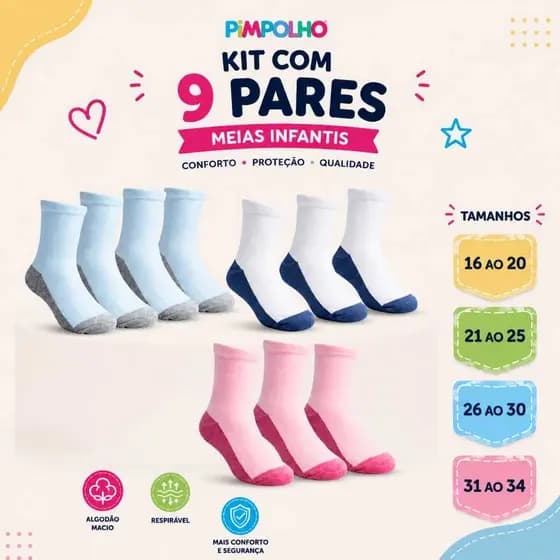 Kit 9 Pares Meias Pimpolho Brancas Com Solado Escuro Não Encarde Bebe Meias Bebes Crianças
