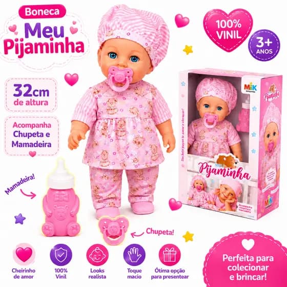 Boneca Meu Pijaminha Bebê Com Mamadeira E Chupeta Menina - Milk Brinqedos -