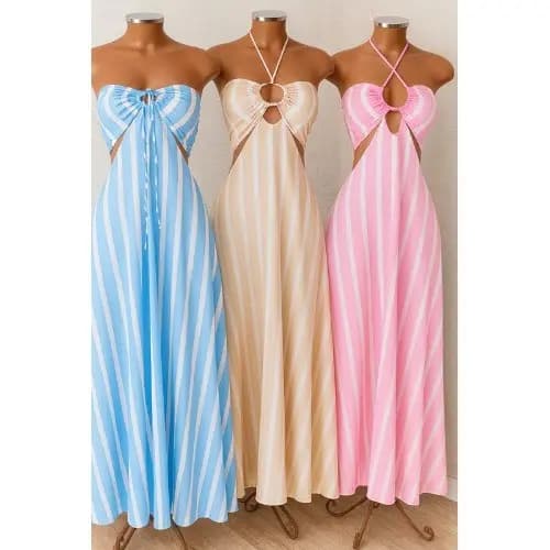 Eloise - Vestido Longo Listrado Cut Out Verão 2025 – Moda Praia Elegante