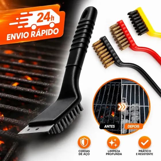 Escova Para Grelha Churrasqueira Cerdas de Aço Inox Com Raspador Limpa Chapas 2 em 1