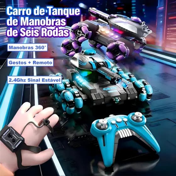 Carro de Controle Remoto Tanque 6 Rodas | Dispara Água, Gestos, Drift 360° e Escalada