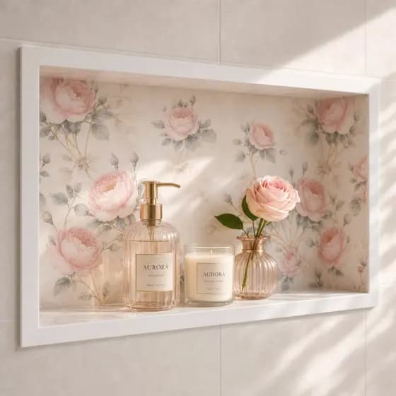 Nicho de Porcelanato Acetinado Exclusivo Floral Rosas Vintage 61x30 cm – Banheiro Elegante Premium